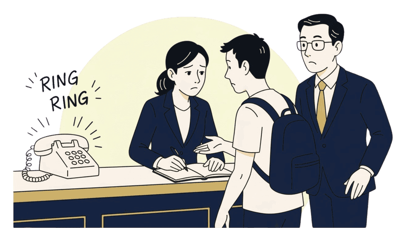 Illustration of a stressed hotel receptionist with a ringing phone and confused guests.