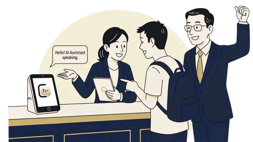 Illustration of a happy hotel receptionist using an AI assistant on a tablet to help guests.